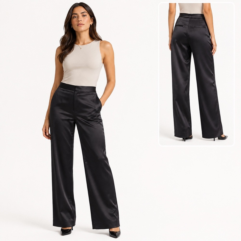 H&M Satin Trousers Straight Leg 8 Black Womens High Rise Dress Pants Formal